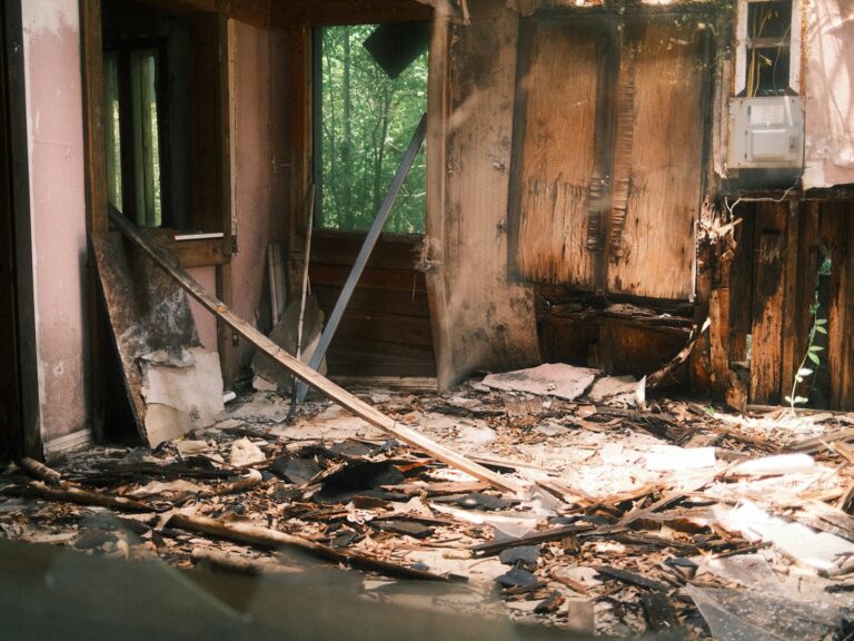 Fire and smoke damaged room interior